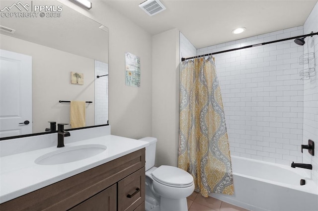 bathroom with visible vents, toilet, shower / bath combo, tile patterned flooring, and vanity