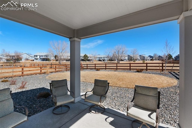 view of patio featuring a fenced backyard and a residential view