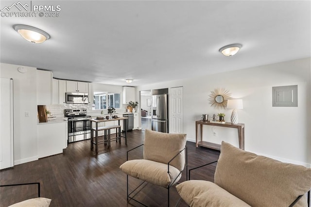 living area featuring dark wood-style floors, electric panel, and baseboards