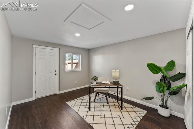 office with recessed lighting, baseboards, and wood finished floors