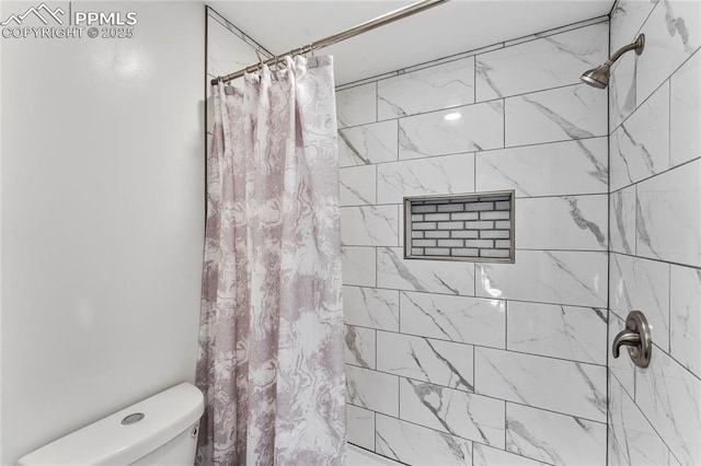 bathroom with toilet and a shower with shower curtain