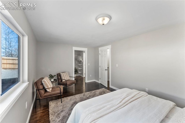 bedroom with dark wood-style floors, a spacious closet, and baseboards