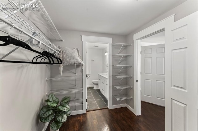 spacious closet with dark wood-type flooring