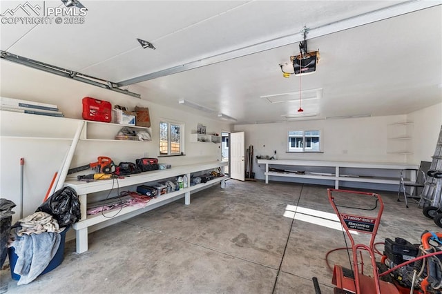 garage with a workshop area and a garage door opener