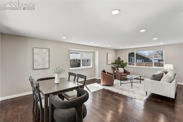 dining area featuring recessed lighting, plenty of natural light, wood finished floors, and baseboards