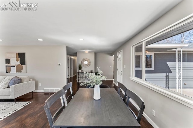 dining room with recessed lighting, visible vents, baseboards, and wood finished floors