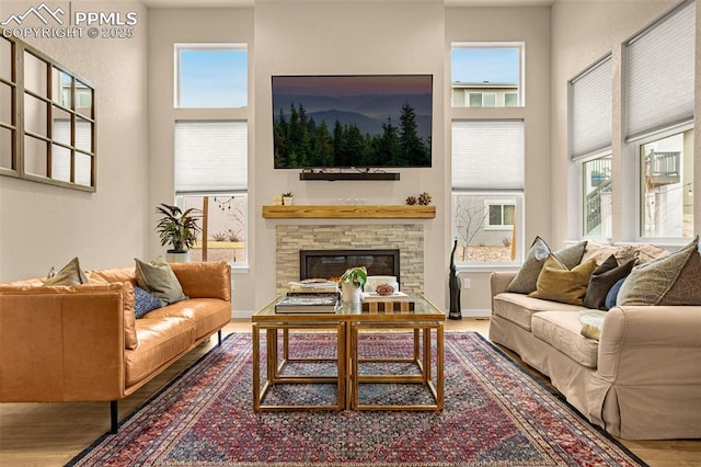 living area featuring a healthy amount of sunlight, a fireplace, and wood finished floors