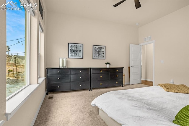 bedroom with carpet, visible vents, and baseboards