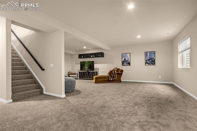 living area with stairway, carpet, baseboards, and recessed lighting