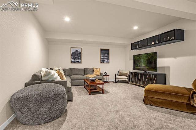 living room with baseboards, carpet flooring, and recessed lighting