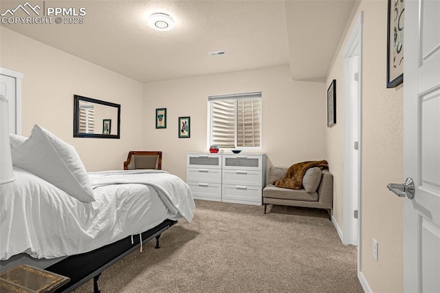 bedroom with light carpet, baseboards, visible vents, and a textured ceiling