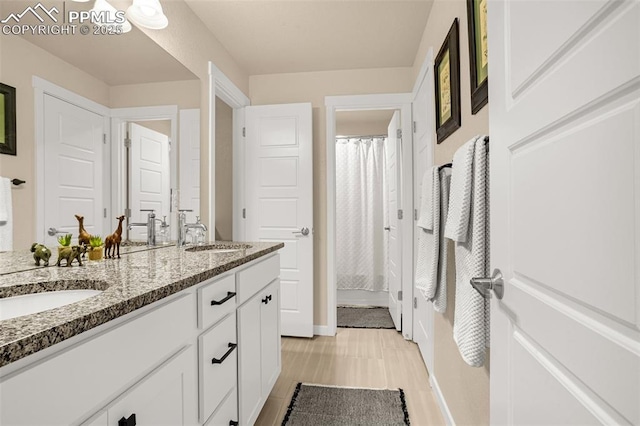 full bathroom featuring wood finished floors, a sink, a shower with shower curtain, and double vanity