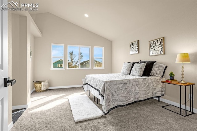 carpeted bedroom with lofted ceiling, baseboards, and recessed lighting