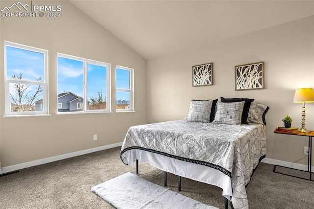 bedroom with vaulted ceiling, carpet, visible vents, and baseboards