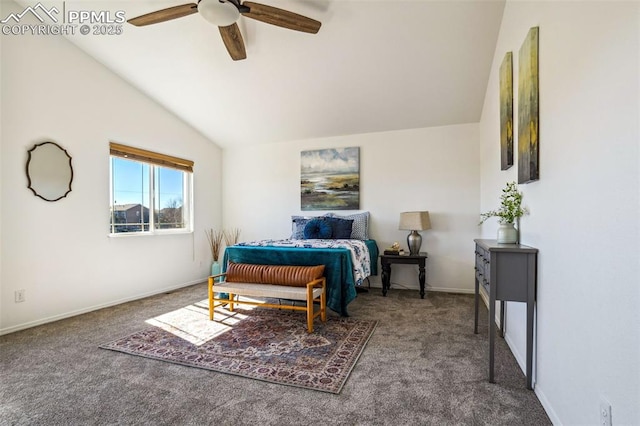 7619 High Gate Dr, Fountain, CO 80817 - bedroom with carpet, baseboards, vaulted ceiling, and a ceiling fan