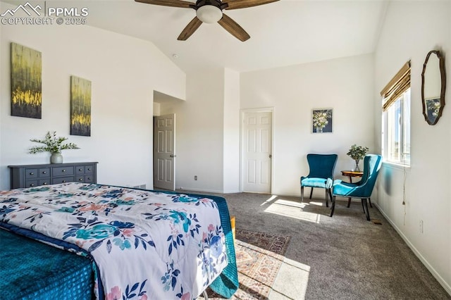 7619 High Gate Dr, Fountain, CO 80817 - carpeted bedroom with vaulted ceiling, a ceiling fan, and baseboards