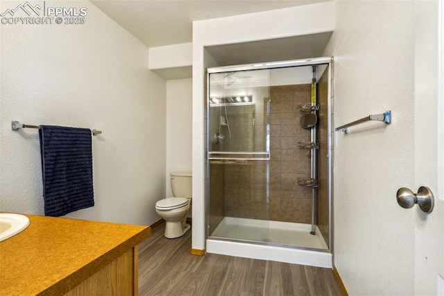 7619 High Gate Dr, Fountain, CO 80817 - bathroom with vanity, wood finished floors, toilet, and a shower stall