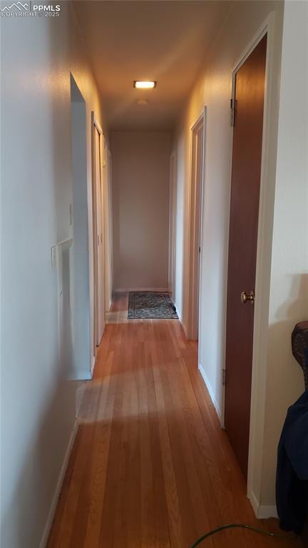 hall with baseboards and wood finished floors