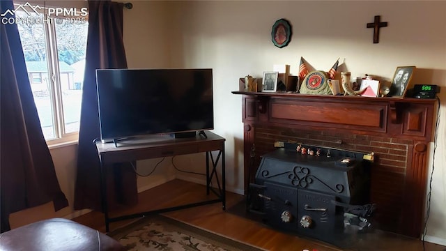 living area featuring baseboards and wood finished floors