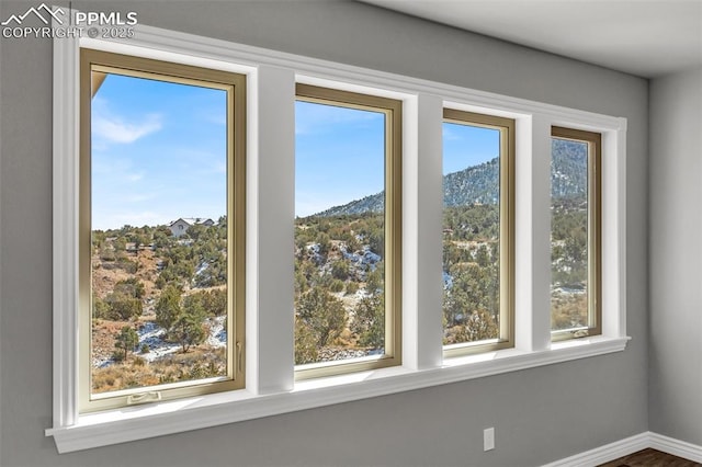 details featuring a mountain view and baseboards