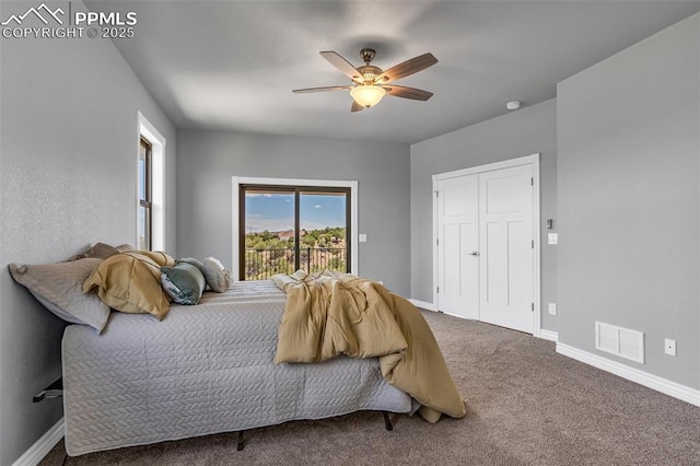 bedroom featuring visible vents, a ceiling fan, carpet flooring, access to outside, and baseboards