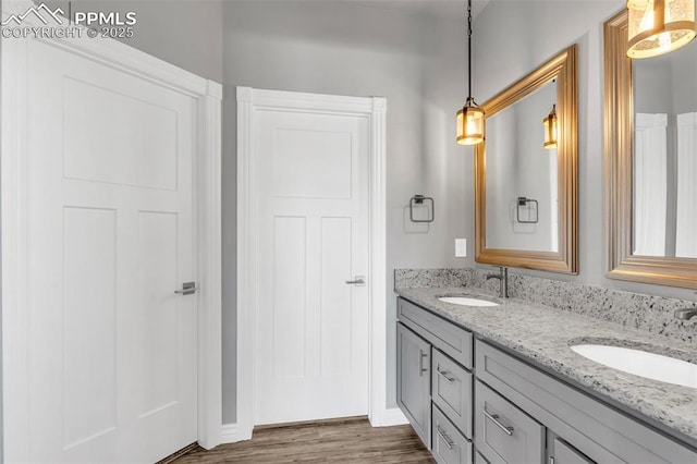 full bathroom with double vanity, wood finished floors, and a sink