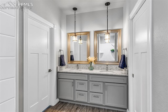 bathroom featuring double vanity, wood finished floors, and a sink