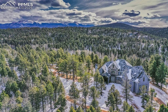 bird's eye view featuring a forest view and a mountain view