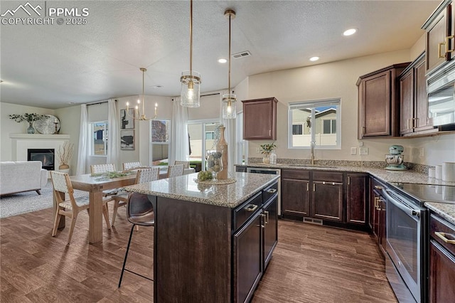 kitchen with a glass covered fireplace, open floor plan, dark wood-type flooring, stainless steel appliances, and a sink