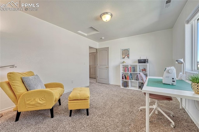 office featuring plenty of natural light, carpet, visible vents, and baseboards