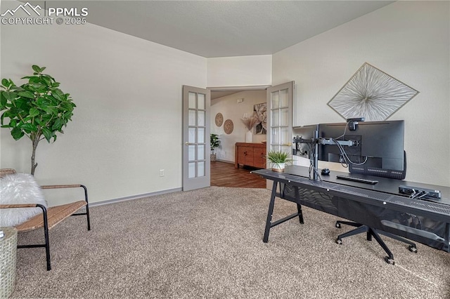 home office featuring carpet floors, french doors, and baseboards