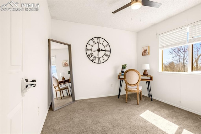 carpeted office with a ceiling fan, a textured ceiling, and baseboards