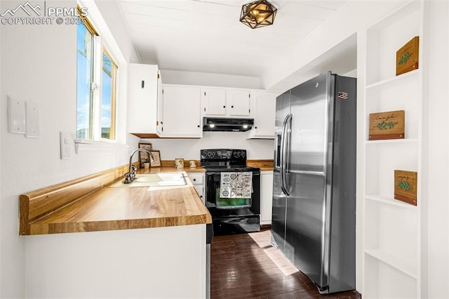 kitchen featuring stainless steel refrigerator with ice dispenser, white cabinets, a sink, under cabinet range hood, and black / electric stove