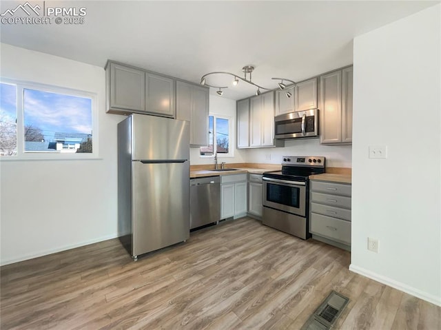 kitchen with appliances with stainless steel finishes, visible vents, a sink, and gray cabinetry