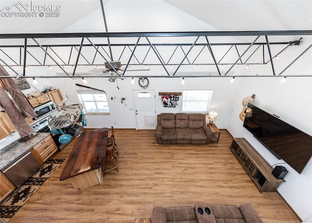 living area with plenty of natural light and wood finished floors