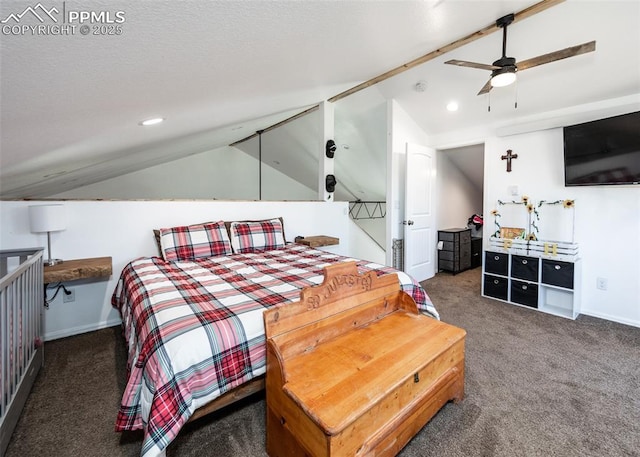 carpeted bedroom featuring baseboards, vaulted ceiling, and recessed lighting