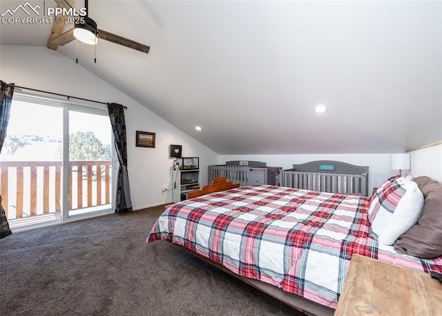 carpeted bedroom with lofted ceiling, recessed lighting, a ceiling fan, baseboards, and access to exterior