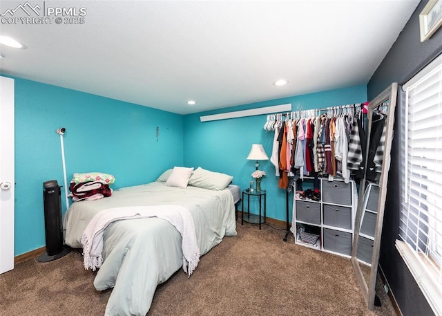 bedroom with carpet, baseboards, and recessed lighting