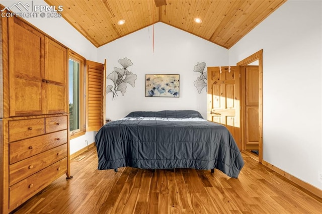 bedroom featuring wooden ceiling, light wood-style floors, and recessed lighting