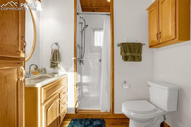 bathroom with toilet, a stall shower, wood finished floors, and vanity