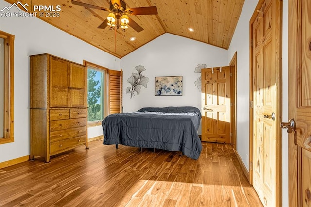 bedroom featuring wood ceiling, ceiling fan, baseboards, and wood finished floors