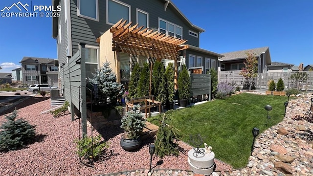 view of property exterior with a lawn, fence, central AC unit, and a pergola