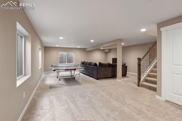 recreation room featuring recessed lighting, carpet flooring, and baseboards