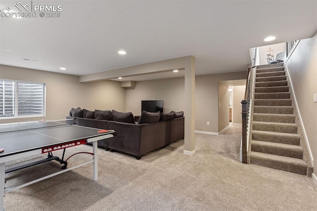 playroom with baseboards, light colored carpet, and recessed lighting