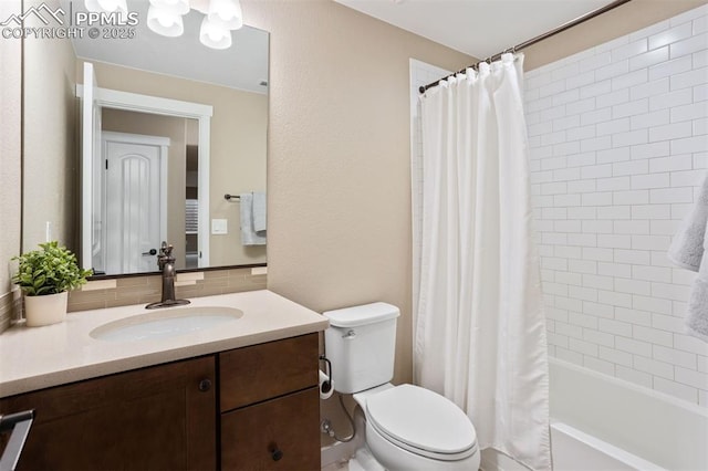 full bathroom with tasteful backsplash, vanity, toilet, and shower / tub combo with curtain