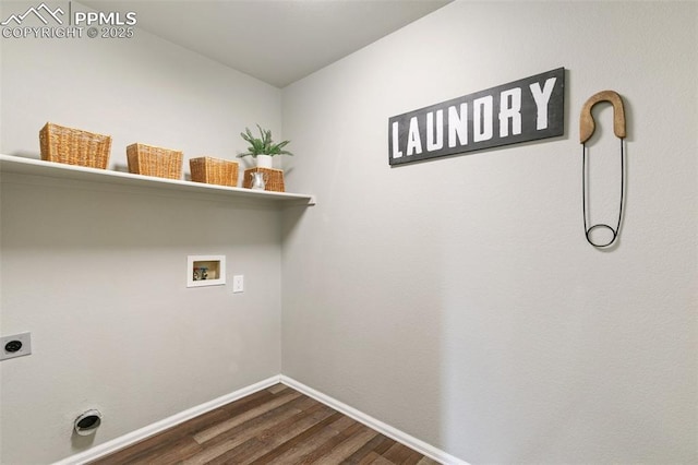 laundry area with laundry area, baseboards, dark wood finished floors, hookup for an electric dryer, and washer hookup