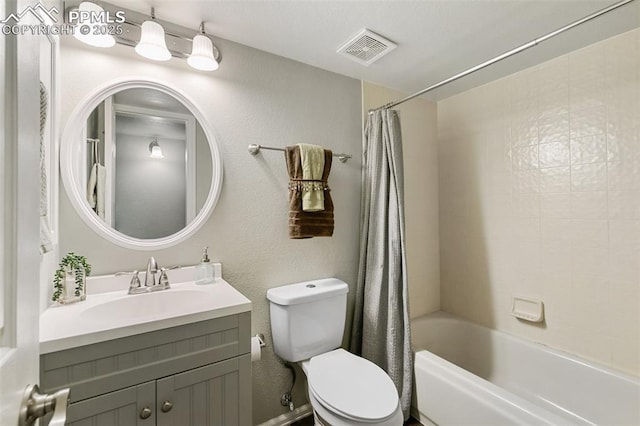 full bathroom with toilet, shower / bath combo, visible vents, and vanity