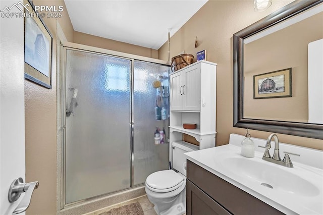 bathroom featuring vanity, a shower stall, and toilet