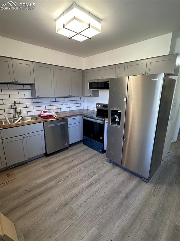 kitchen with gray cabinets, a sink, stainless steel appliances, light wood-type flooring, and backsplash