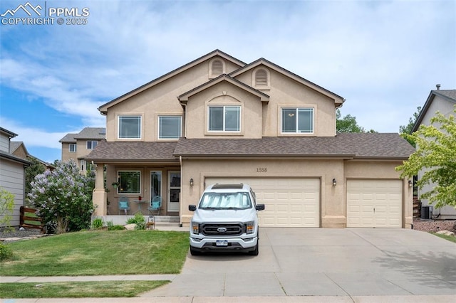 view of front of property featuring cooling unit, concrete driveway, roof with shingles, stucco siding, and a front yard